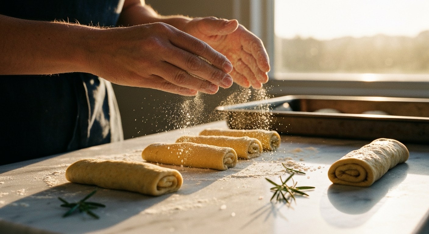 Příprava těsta na bezlepkové pizza šneky Detailní záběr rukou pracujících s bezlepkovým těstem na mramorové desce zalité teplým sluncem.