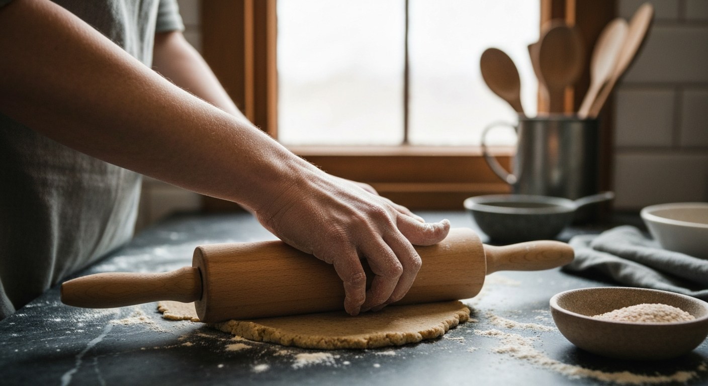 Příprava bezlepkového těsta Detailní záběr na ruce vyvalující bezlepkové těsto dřevěným válečkem na tmavé pracovní ploše.