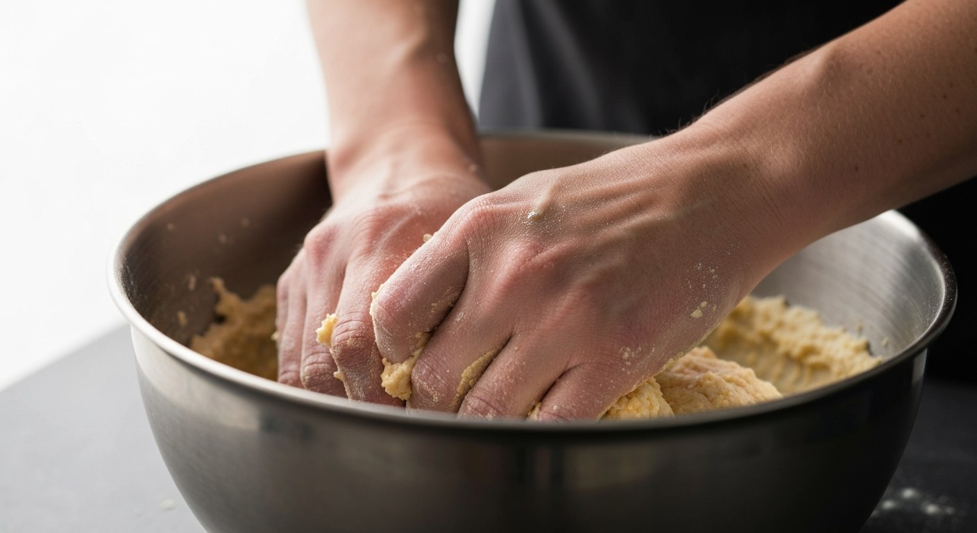 Příprava bezlepkového těsta Detailní záběr rukou hnětoucích světlé bezlepkové těsto v nerezové míse v moderní kuchyni.