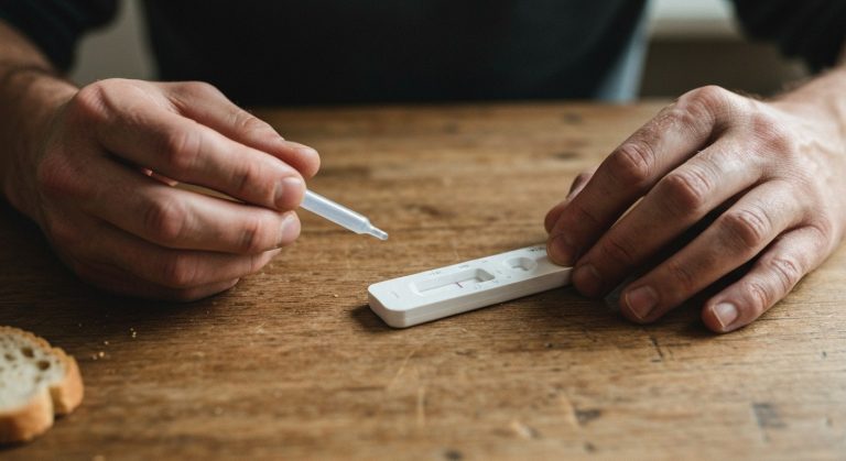Detailní záběr rukou připravujících domácí test na celiakii na dřevěném stole u okna s přirozeným světlem.