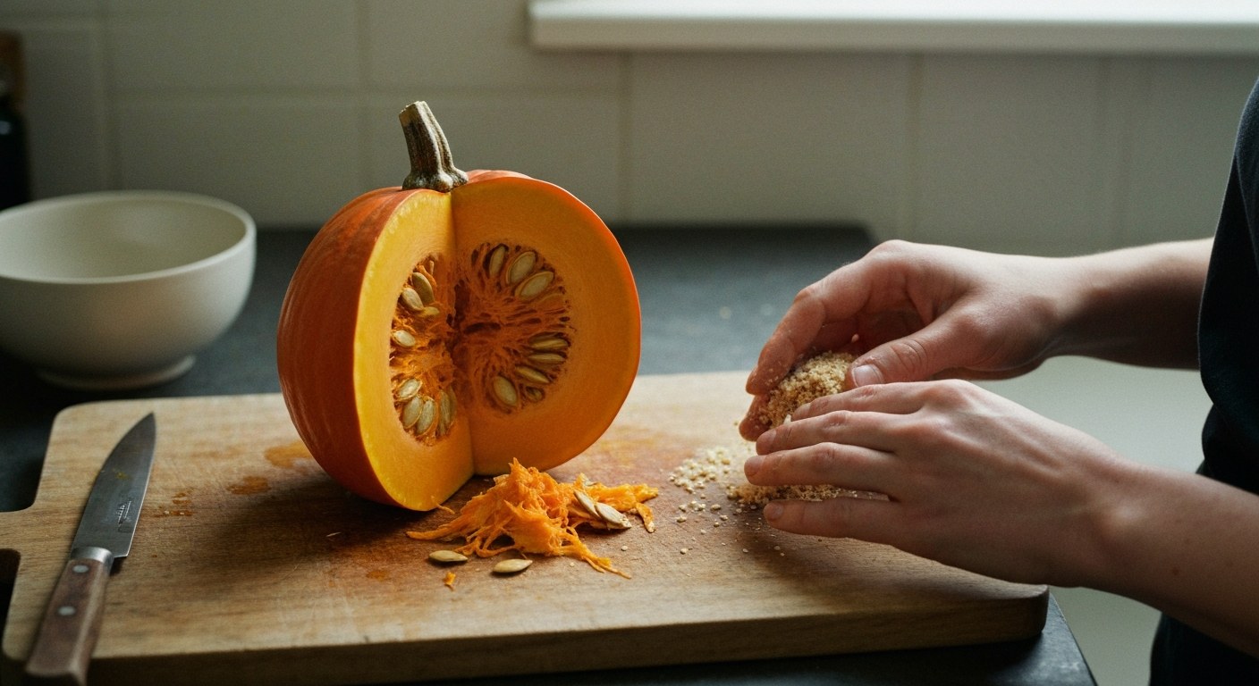 Dokonalý dýňový chleba bez lepku: Recept a tipy 1 Detailní záběr na rozkrojenou dýni Hokaido a ruce sypající bezlepkovou mouku na dřevěné desce.