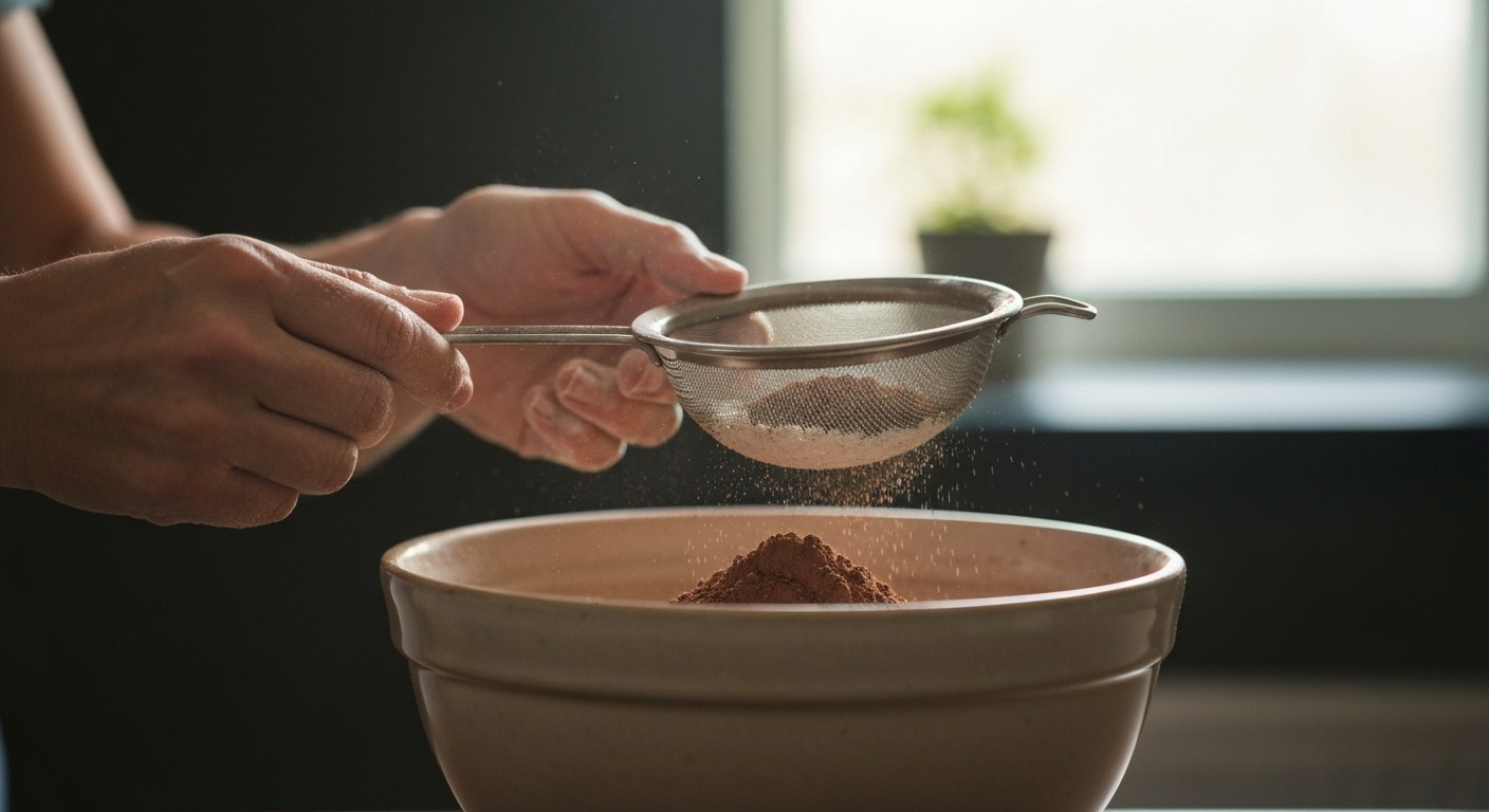 Příprava bezlepkového těsta Detailní záběr na ruce prosévající bezlepkovou mouku a kakao přes síto do mísy v prosvětlené kuchyni.