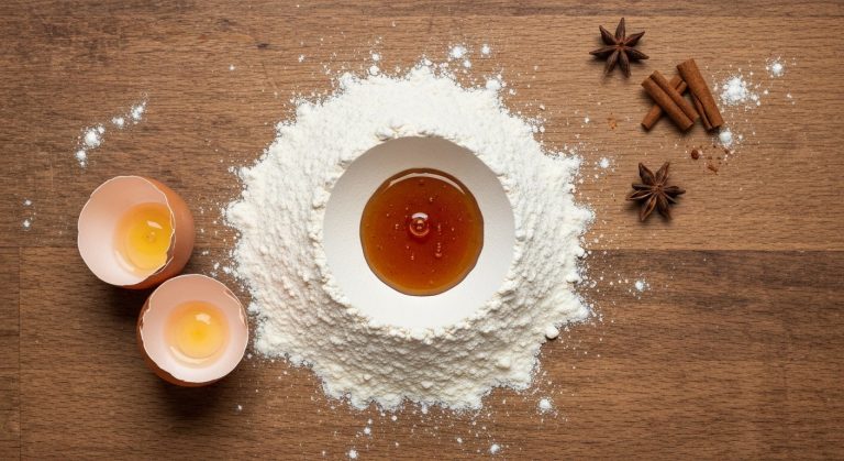 Bezlepkové perníčky Jizerka: Recept na hned měkké cukroví 2 Detailní pohled na hromádku bezlepkové mouky s medem a vajíčky na dřevěném válu při přípravě perníčků.