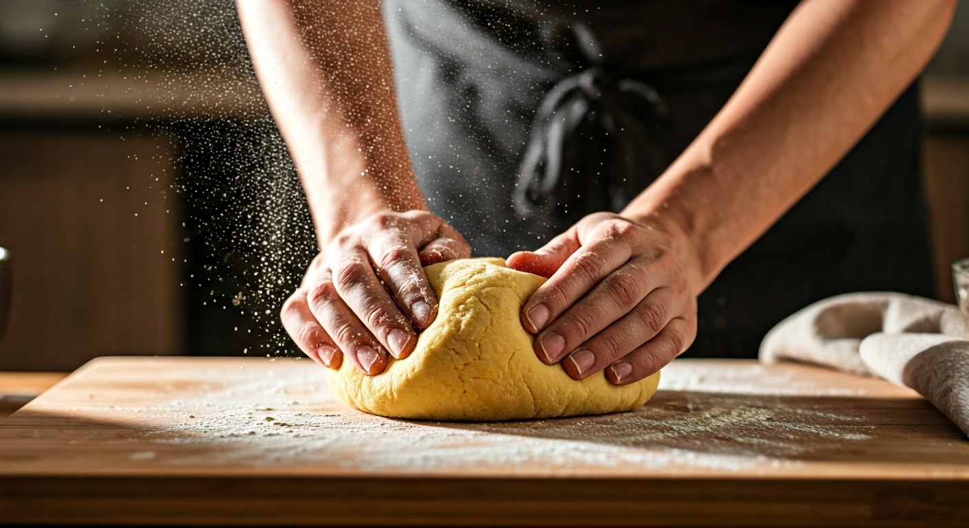 Příprava těsta z bezlepkové krupice Detailní záběr na ruce hnětoucí těsto z kukuřičné krupice na pomoučněném dřevěném válu.