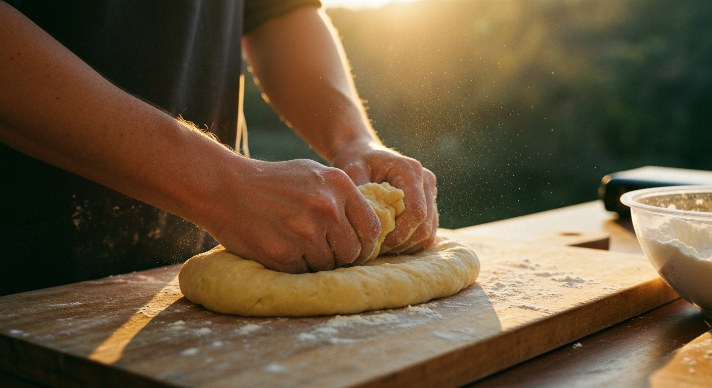 Ruční příprava bezlepkového bramborového těsta Ruce hnětoucí bramborové těsto na pomoučeném dřevěném válu při přípravě bezlepkových knedlíků.