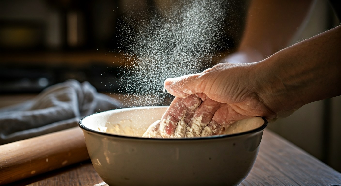 Příprava těsta z jemné rýžové mouky Detailní pohled na ruce míchající těsto z rýžové mouky v keramické míse v prosluněné kuchyni.