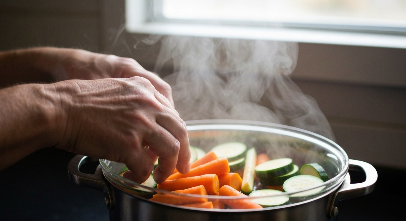 Ruce připravující nakrájenou mrkev a cuketu v parním hrnci během přípravy šetřicího dietního jídla.