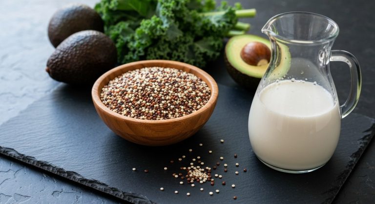 Výběr přirozeně bezlepkových surovin jako quinoa a mandlové mléko na břidlicové pracovní desce v kuchyni.