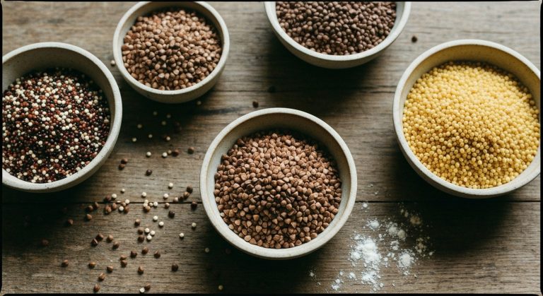 Detailní pohled na misky s přirozeně bezlepkovými obilovinami jako je pohanka, jáhly a quinoa na dřevěném stole.