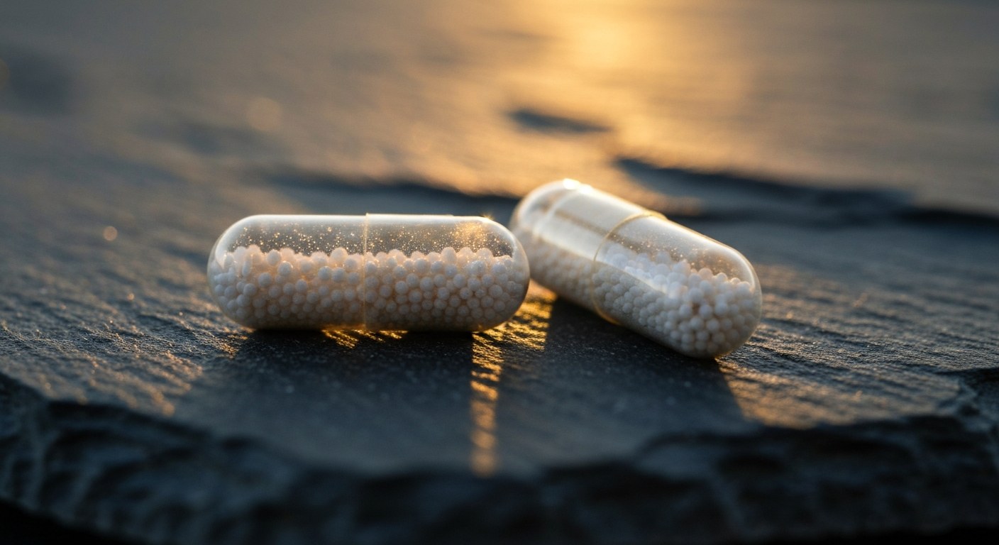 Moderní technologie doručování probiotik Dvě transparentní probiotické kapsle na tmavé břidlicové desce osvětlené teplým sluncem.