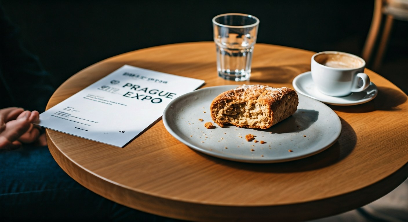 Program výstavy Gluten Free Prague Expo vedle bezlepkového koláče na stole v Letňanech.