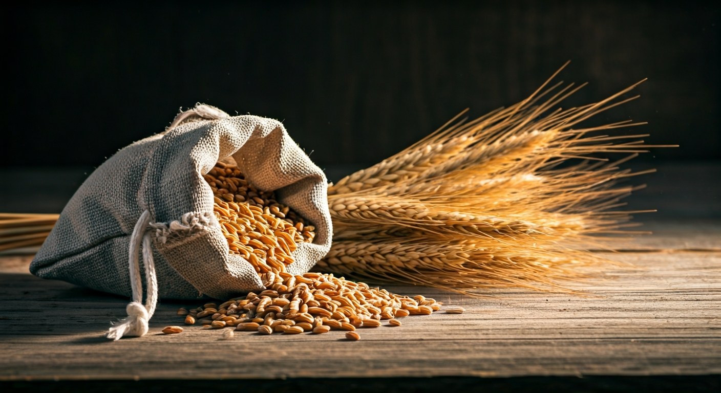 Zátiší s klasy pšenice a rozsypaným žitem v plátěném pytli na starém dřevěném stole.