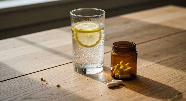 Nejlepší probiotika bez laktózy a lepku: Velký průvodce 2026 14 Sklenice vody s citronem a jantarová lahvička s probiotiky na světlém dřevěném stole zalitém ranním sluncem.