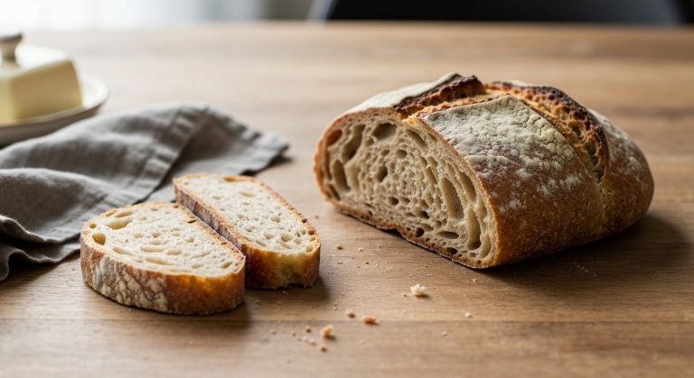 Beh Gluten Vítězové 2026: Nejlepší potraviny bez lepku a novinky 8 Detailní záběr na čerstvě nakrájený řemeslný bezlepkový kváskový chléb na dřevěném stole s lněným ubrouskem.