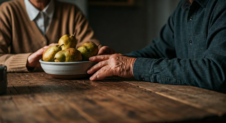 Celiakie příčiny: Kompletní přehled spouštěčů pro rok 2026 16 Starší muž a dospělá dcera sedí u dřevěného stolu v prosvětlené kuchyni a povídají si nad mísou ovoce.