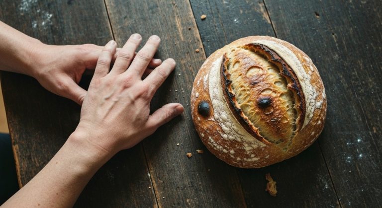 Detailní záběr na ruce od mouky vedle čerstvého křupavého chleba na dřevěném stole v přirozeném denním světle.