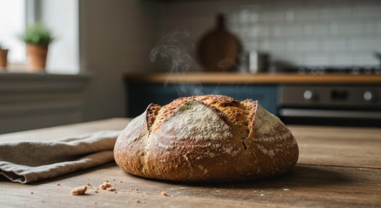 Kuchařka bez lepku: Kompletní průvodce a nejlepší recepty 2 Detailní záběr na čerstvě upečený bezlepkový chléb s poprášenou moukou na dřevěném stole s lněnou utěrkou.