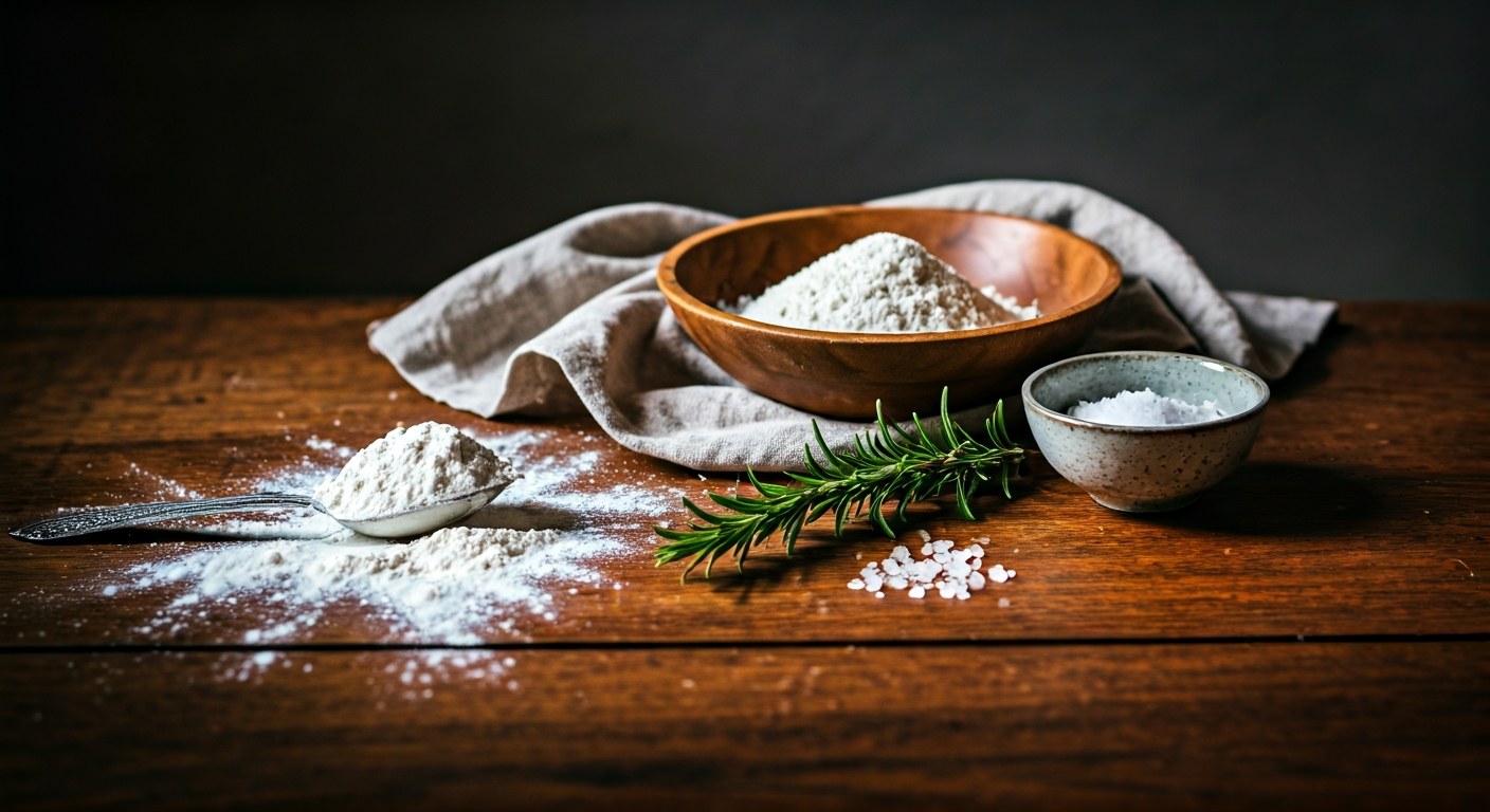 Zátiší s ingrediencemi na pečení: tapiokový škrob, mořská sůl a čerstvé bylinky na kuchyňské lince.
