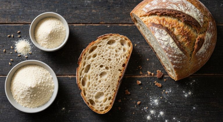 Provita Bílkovina Gluten Pšeničný Lepek: Průvodce a využití 20 Detailní záběr na nadýchaný domácí chléb a misku s práškovým pšeničným lepkem na dřevěném stole s drobky.