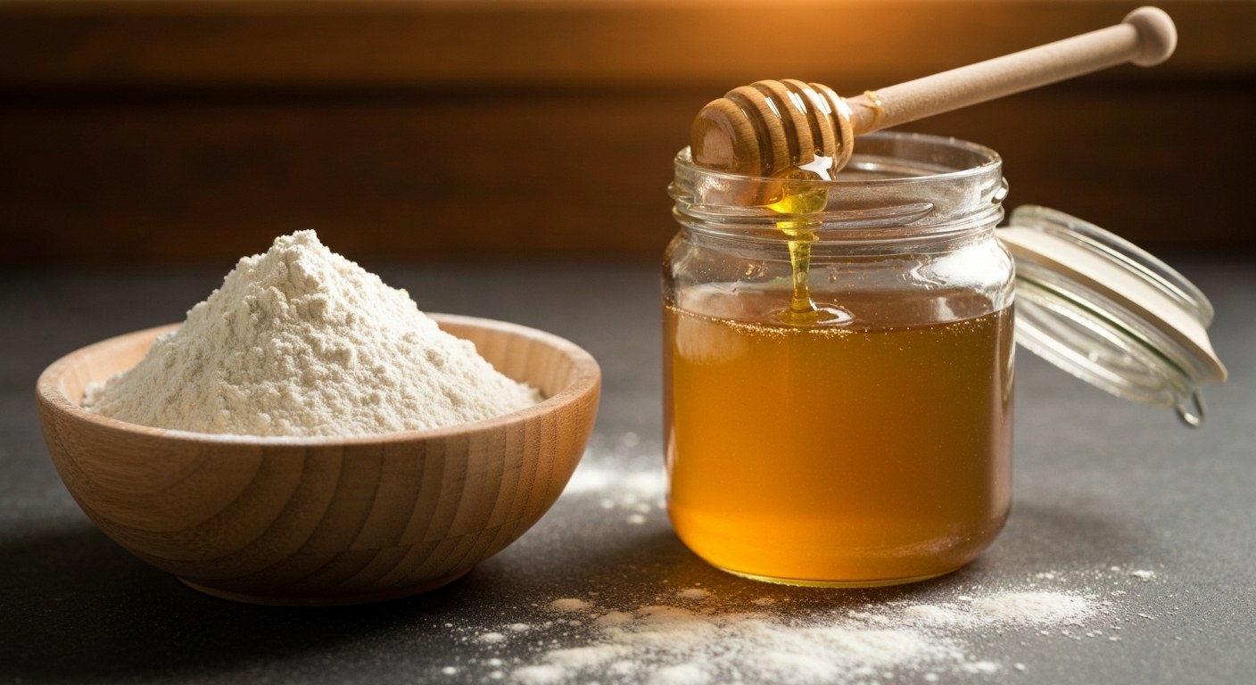 Ingredience bezlepkové Marlenky rýžová mouka Suroviny pro bezlepkovou Marlenku: miska s rýžovou moukou a sklenice medu na dřevěné desce.