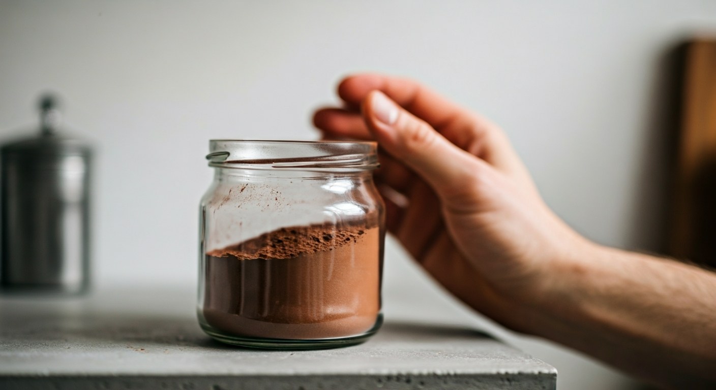 Výběr bezpečného kakaa v domácí kuchyni Pohled na skleněnou nádobu s tmavým kakaem na kuchyňské lince, ruka v popředí sahá pro ingredienci.