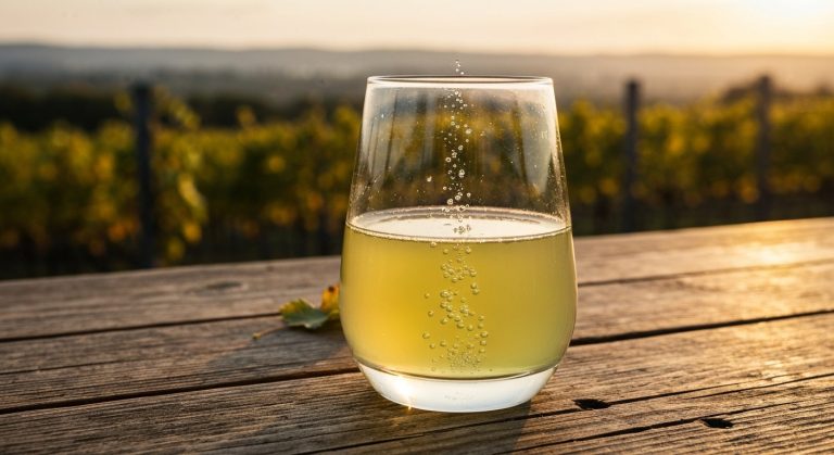 Detailní záběr na sklenici perlivého burčáku na dřevěném stole s rozmazanou vinicí v pozadí během zlaté hodinky.
