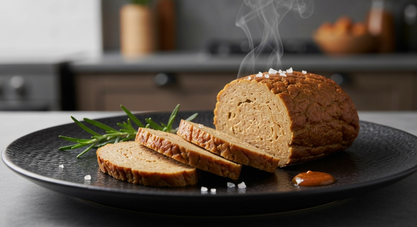 Hotový domácí seitan s věrnou masitou texturou Detailní pohled na nakrájený pečený seitan s bylinkami na tmavém talíři, ze kterého stoupá jemná pára.