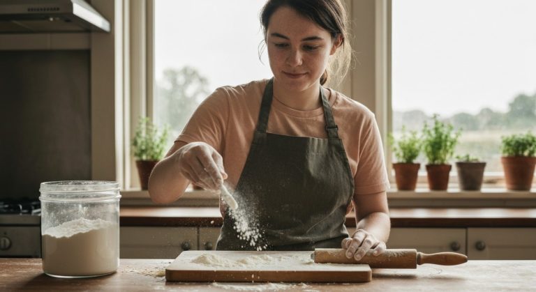 Mladý muž v prosvětlené kuchyni sype bezlepkovou mouku na dřevěný vál, v pozadí jsou bylinky za oknem.