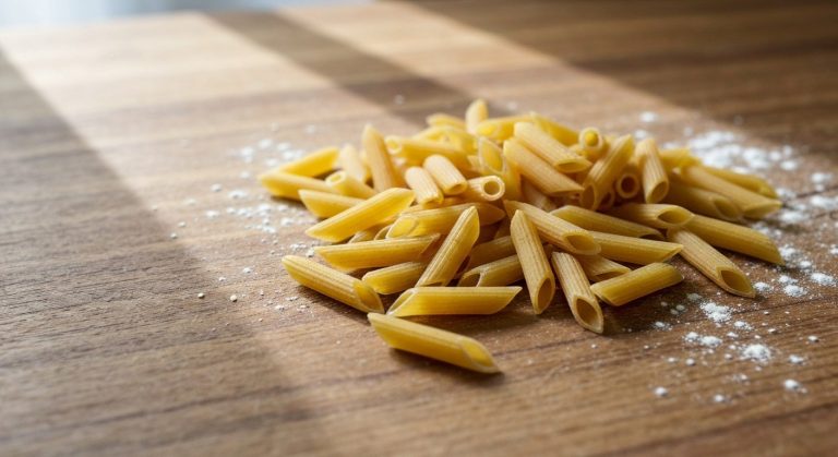 Detailní pohled na suché bezlepkové penne těstoviny rozprostřené na dřevěném stole s jemným popraškem rýžové mouky.