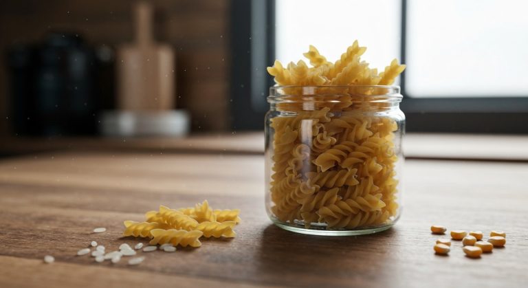 Lidl bezlepkové těstoviny: Recenze, cena a jak je uvařit (2026) 9 Detailní záběr na suché zlatavé bezlepkové těstoviny fusilli v průhledné sklenici na dřevěné lince s rozptýlenými zrnky rýže.