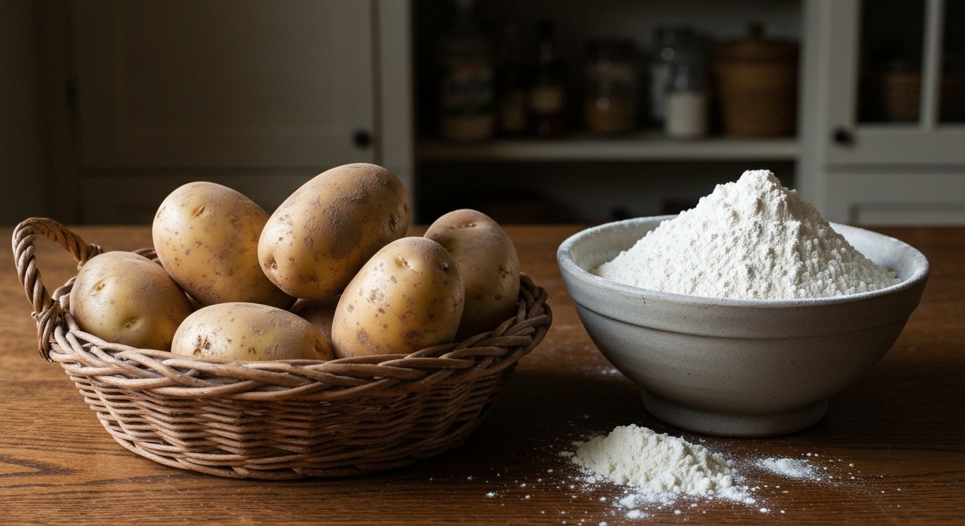 Dokonalý bramborový knedlík bez lepku: Recept krok za krokem 1 Detailní záběr na syrové brambory typu C v proutěném košíku vedle misky s jemnou bezlepkovou moukou na dřevěném stole.