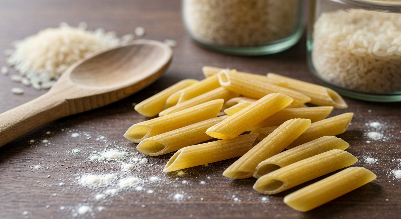 Kvalitní suroviny pro bezlepkové těstoviny Sypané syrové bezlepkové penne na pomoučeném dřevěném válu s vařečkou a miskou kukuřičné mouky.