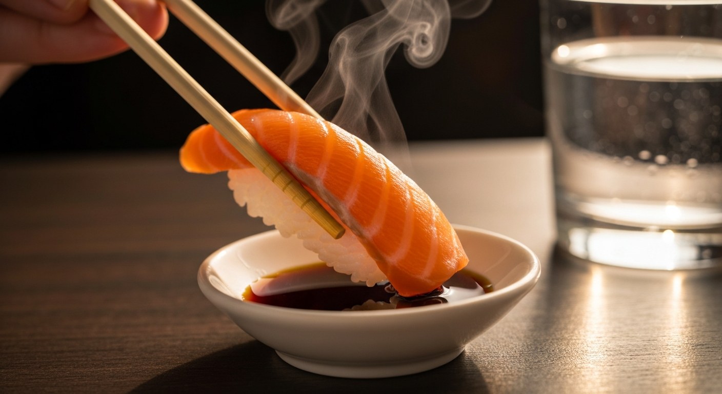 Kousek lososového sushi namáčený v misce s bezlepkovou sójovou omáčkou při teplém večerním světle.