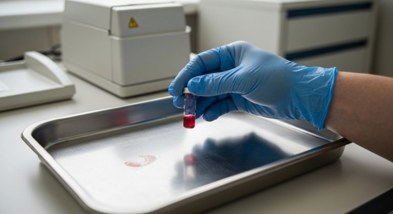 Detailní záběr ruky v rukavici držící zkumavku s krví v moderní prosvětlené laboratoři.