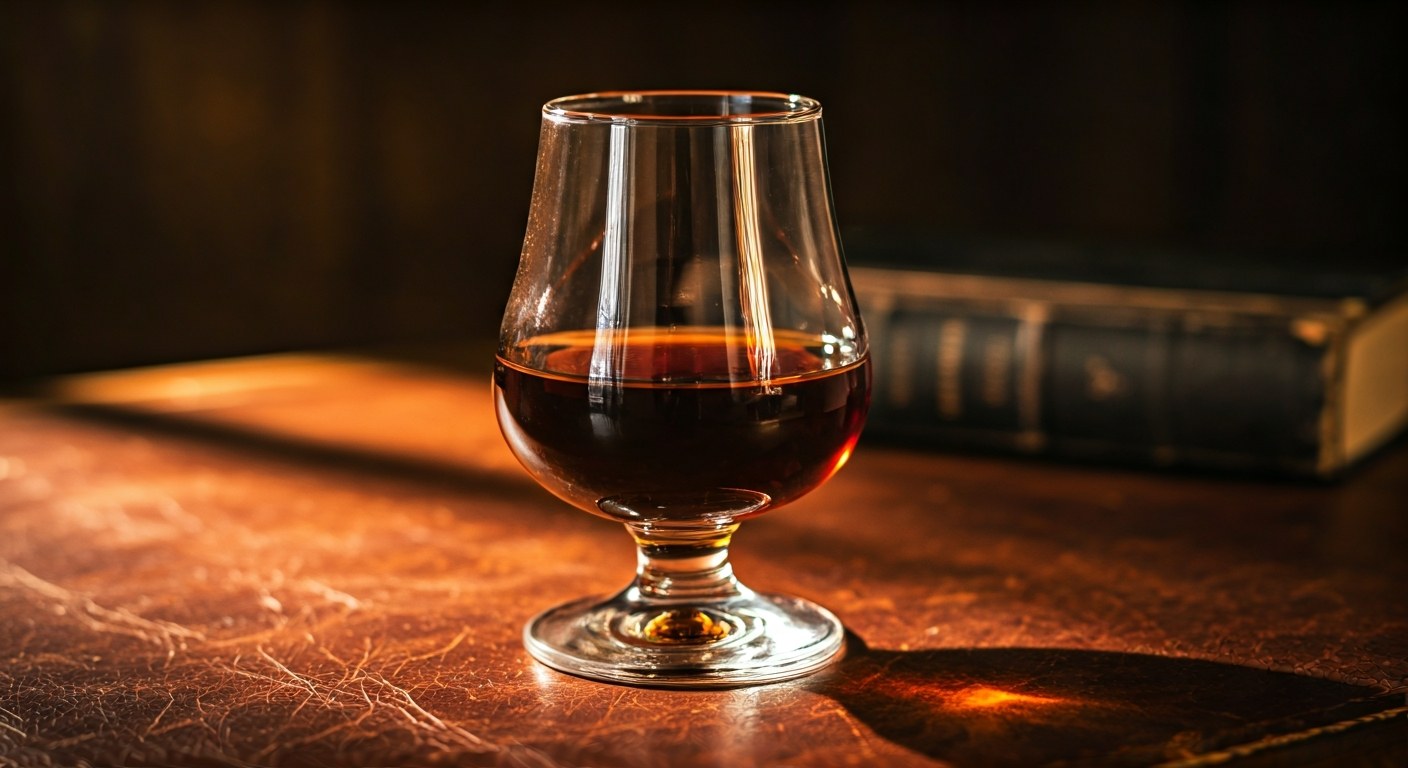 Aged rum v domácí knihovně Sklenka tmavého rumu na koženém stole při západu slunce s viditelnou texturou nápoje a podkladu.