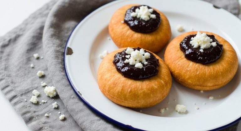 Tradiční bezlepkové vdolky recept: Kynuté a nadýchané 7 Tři dozlatova osmažené bezlepkové vdolky s povidly a tvarohem na bílém smaltovaném talíři.