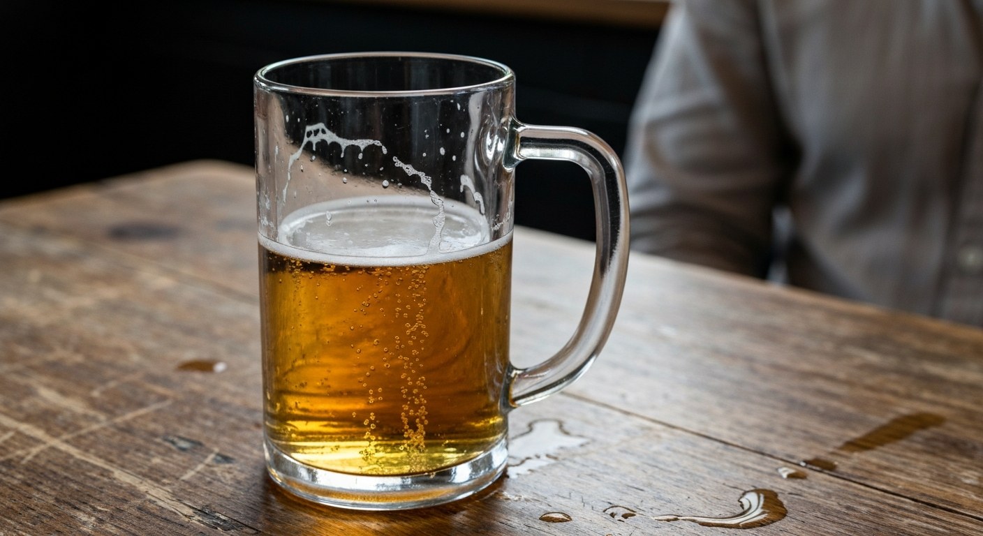 Tradiční půllitr bez lepku Tradiční skleněný půllitr piva na starém dřevěném stole v autentickém prostředí české restaurace.