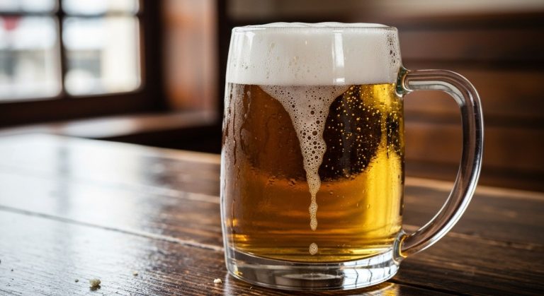 Pilsner Urquell lepek: Laboratorní testy a rizika pro celiaky 12 Detailní záběr na orosený půllitr zlatavého ležáku s hustou bílou pěnou na tmavém dřevěném stole v tradiční hospodě.