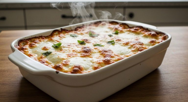 Detailní záběr na čerstvě upečené bezlepkové lasagne v keramické míse s bublajícím sýrem a bazalkou.