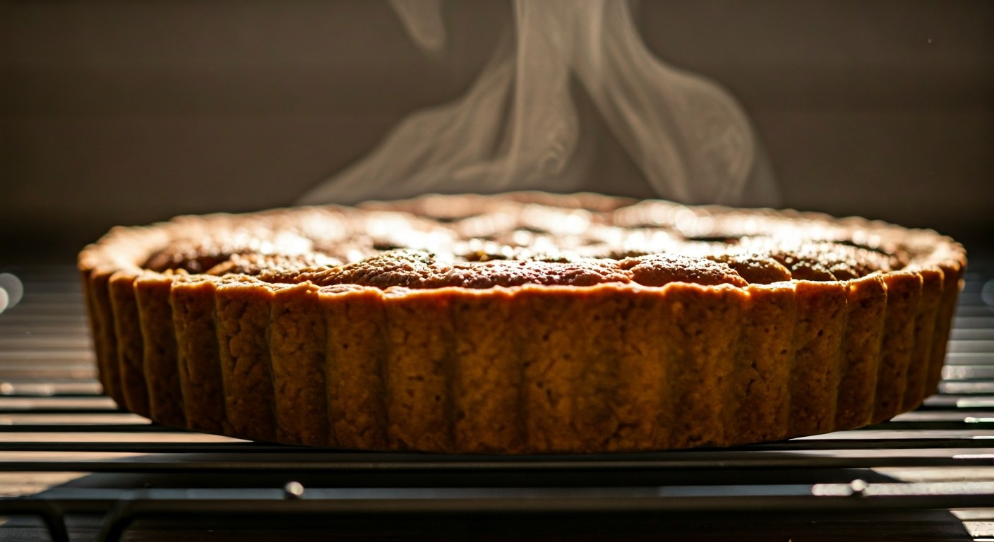 Upečený bezlepkový koláč Detailní pohled na upečený ovocný koláč s křupavou zlatavou bezlepkovou krustou.