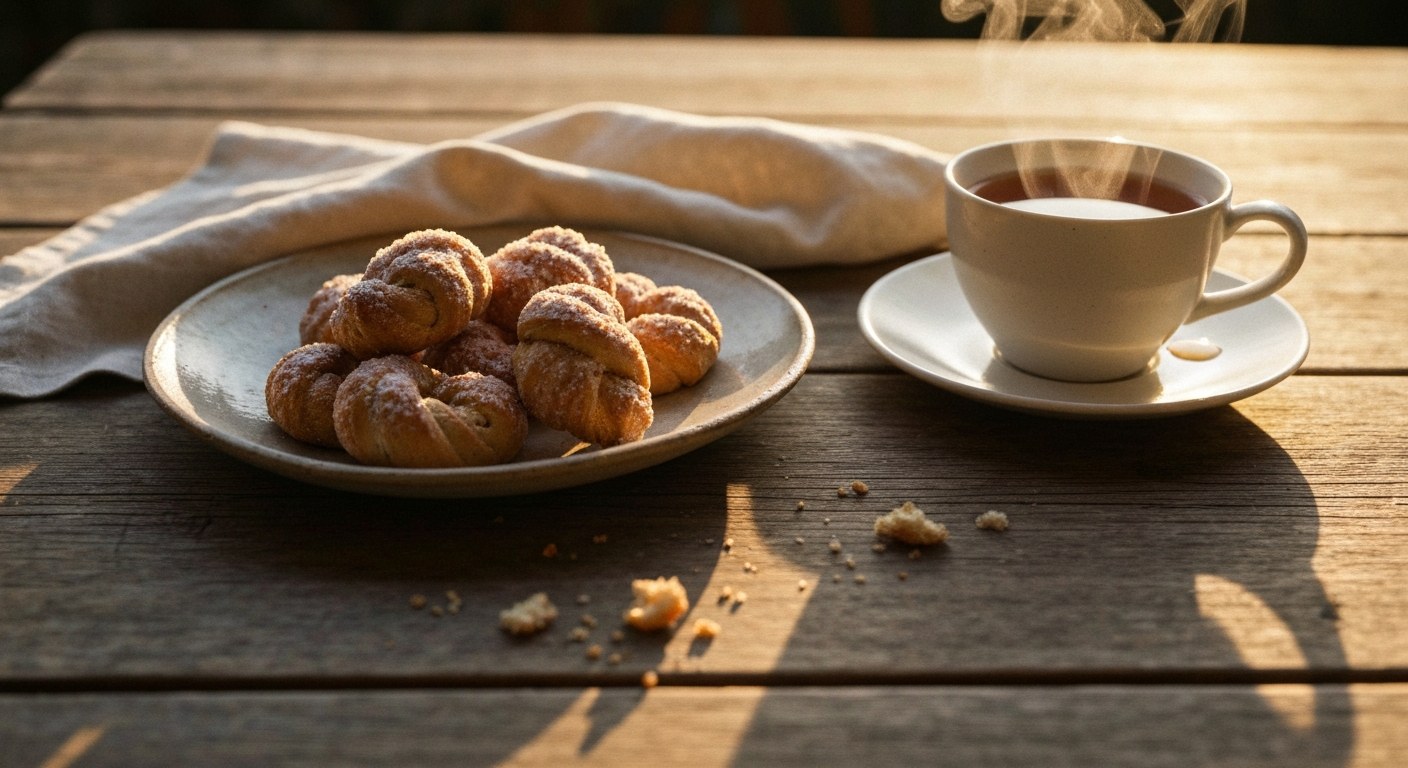 Lifestylový záběr na talíř s crinkles a kouřící šálek čaje na dřevěném stole v hřejivém odpoledním světle.
