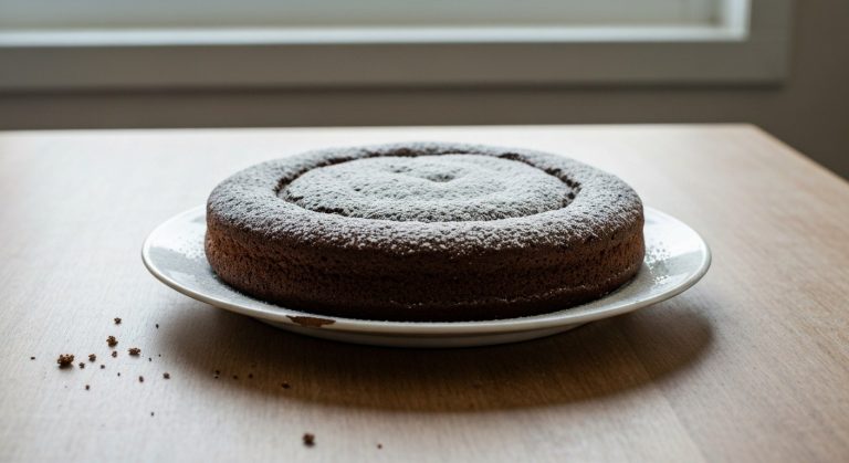 Celý vídeňský makovec na bílém talíři, jemně posypaný moučkovým cukrem na dřevěném stole u okna.