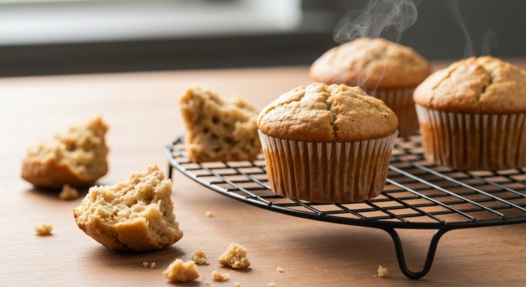 Detailní pohled na čerstvě upečené bezlepkové muffiny na chladicí mřížce s viditelnou vláčnou texturou a drobky.