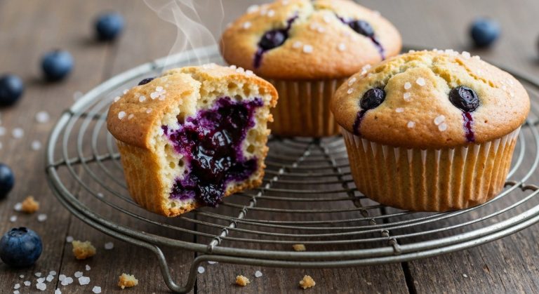 Detailní záběr na rozlomený bezlepkový borůvkový muffin na chladicí mřížce, z vnitřku stoupá jemná pára.