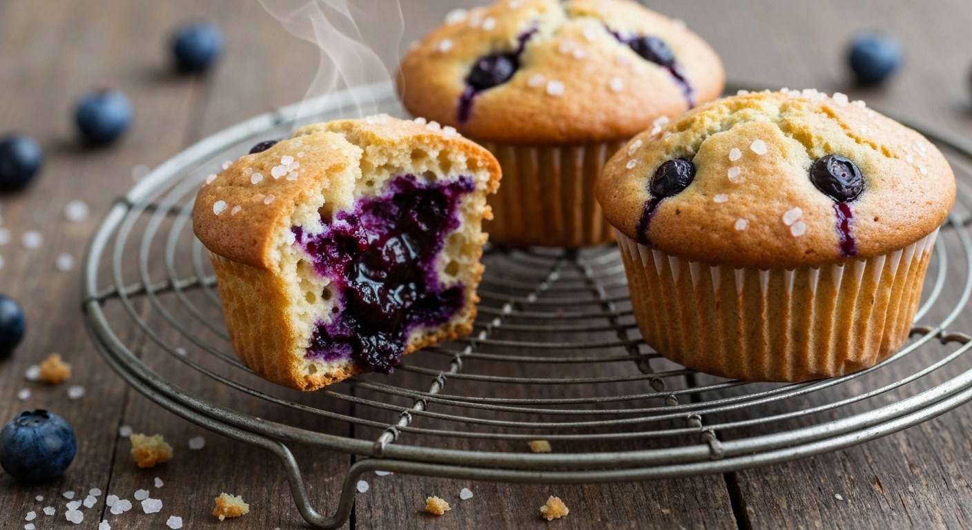 Detailní záběr na rozlomený bezlepkový borůvkový muffin na chladicí mřížce, z vnitřku stoupá jemná pára.