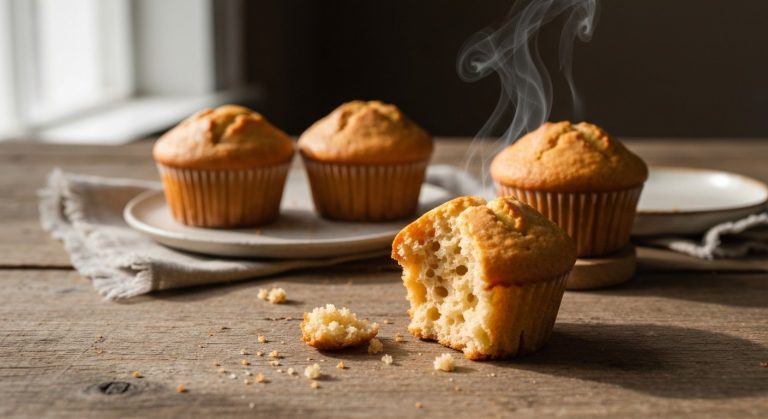 Vláčné bezlepkové muffiny z rýžové mouky: TOP recept 19 Detailní záběr na čerstvě upečené bezlepkové muffiny z rýžové mouky na dřevěném stole s lněným ubrouskem.