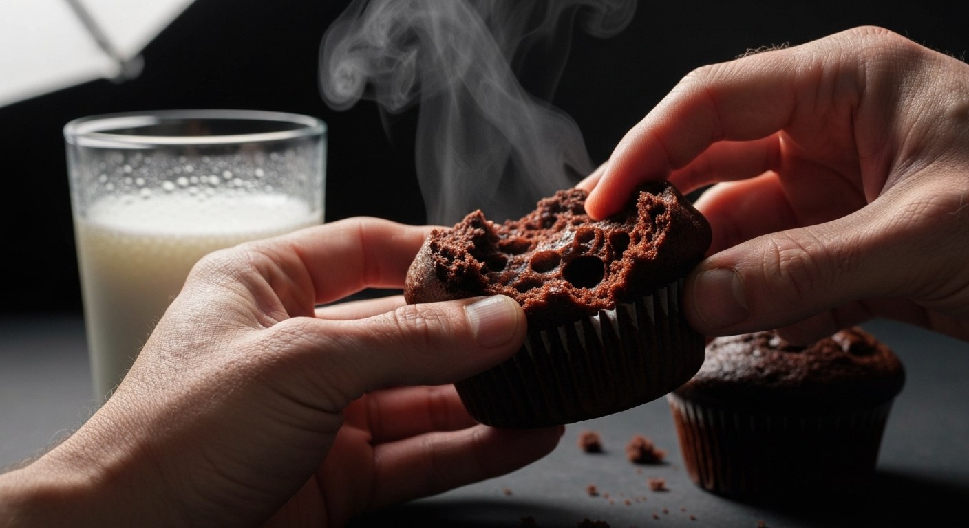 Vláčný čokoládový muffin bez lepku Makro záběr rukou rozlamujících vláčný čokoládový muffin, ze kterého stoupá lehká pára.