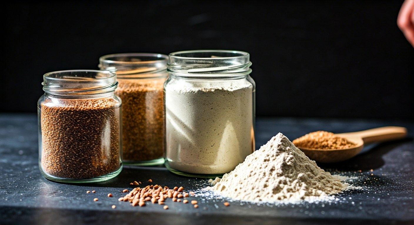 Detailní záběr na různé druhy bezlepkových muk v skleněných dózách na tmavé kuchyňské lince při západu slunce.