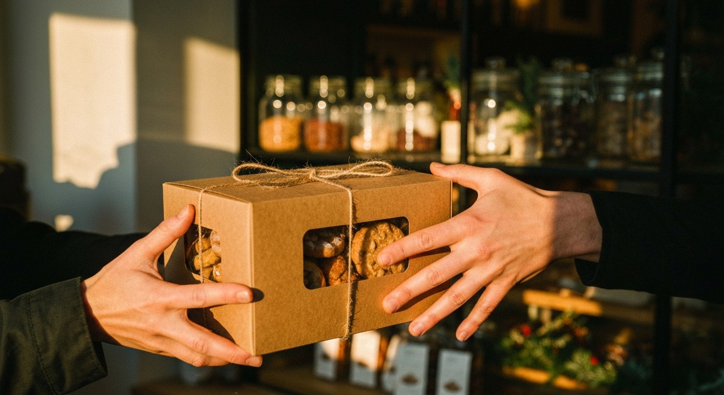 Ruce pekaře předávají zákazníkovi dárkovou krabici s čerstvým vánočním cukrovím v útulné brněnské pekárně.