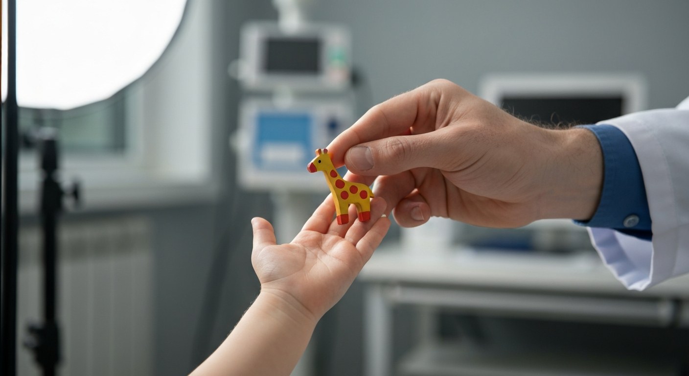 Diagnostika celiakie u dětí u lékaře Detailní záběr na ruku lékaře, který podává malému dítěti dřevěnou hračku v prosvětlené ordinaci.